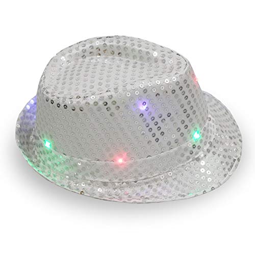 Gshy Damen Herren LED Pailletten Jazz Hüte Fantasie Tanz Hut für Weihnachten Kinder Party 56 cm verstellbar (Silber) von Gshy