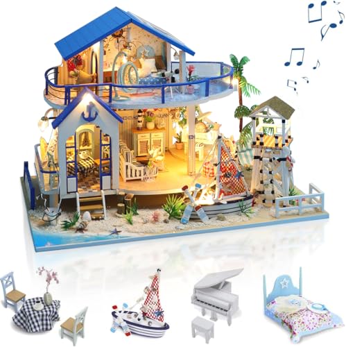 GuDoQi DIY Hölzernes Puppenhaus Kit, Miniatur Puppenhaus mit Möbeln und Musik, Handgefertigte Mini Haus Kit, Blue Sea Legende von GuDoQi