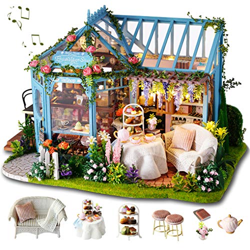 GuDoQi DIY Puppenhaus Miniatur Kit, 3D Hölzernes Puppenhaus Bausatz mit Möbeln und Musik, Handgefertigte Modellbausätze für Frauen und Sammler, Tee Garten Shop von GuDoQi