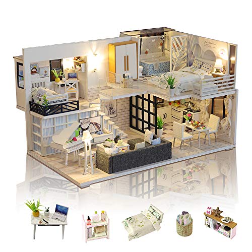 GuDoQi DIY Puppenhaus Miniatur Kit, 3D Hölzernes Puppenhaus Bausatz mit Möbeln und Musik und LED-Licht, Handwerk Miniatur Modellbausätze für Frauen und Sammler, Einfaches Leben Haus von GuDoQi