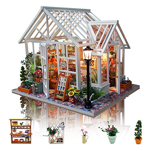 GuDoQi DIY Puppenhaus Miniatur Kit, 3D Hölzernes Puppenhaus Bausatz mit Möbeln und Musik und LED-Licht, Handwerk Miniatur Modellbausätze für Frauen und Sammler, Schöner Blumenladen von GuDoQi