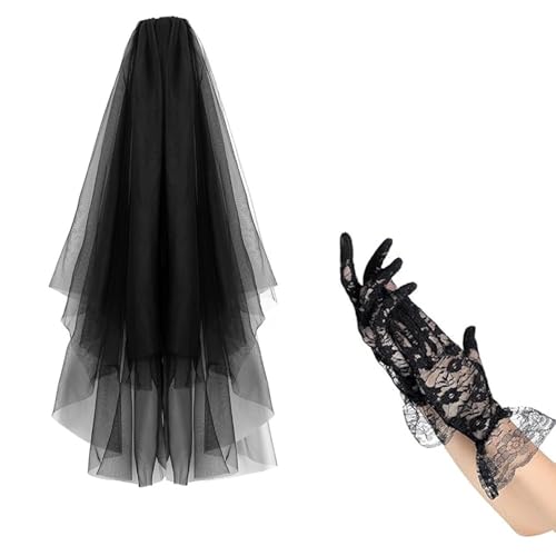 Einzigartiger schwarzer Spitzen-Kopfschmuck und Handschuhe, Cosplay-Kostüm-Zubehör für Halloween-Festlichkeiten und Themen-Events, atmungsaktiver Spitzenschleier von Guaber