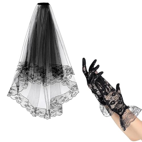 Einzigartiger schwarzer Spitzen-Kopfschmuck und Handschuhe, Cosplay-Kostüm-Zubehör für Halloween-Festlichkeiten und Themen-Events, atmungsaktiver Spitzenschleier Einzigartiger schwarzer Spitzen-Kopfschmuck und Handschuhe, Cosplay-Kostüm-Zubehör für Halloween-Festlichkeiten und Themen-Events, atmungsaktiver Spitzenschleier von Guaber