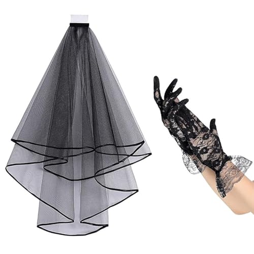 Einzigartiger schwarzer Spitzen-Kopfschmuck und Handschuhe, Cosplay-Kostüm-Zubehör für Halloween-Festlichkeiten und Themen-Events, atmungsaktiver Spitzenschleier von Guaber