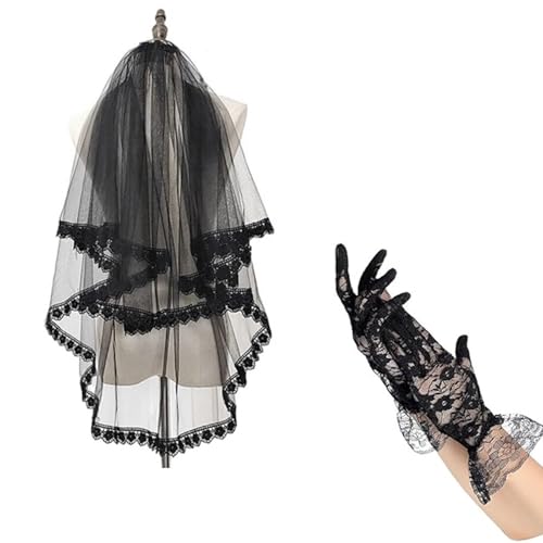 Einzigartiger schwarzer Spitzen-Kopfschmuck und Handschuhe, Cosplay-Kostüm-Zubehör für Halloween-Festlichkeiten und Themen-Events, atmungsaktiver Spitzenschleier von Guaber