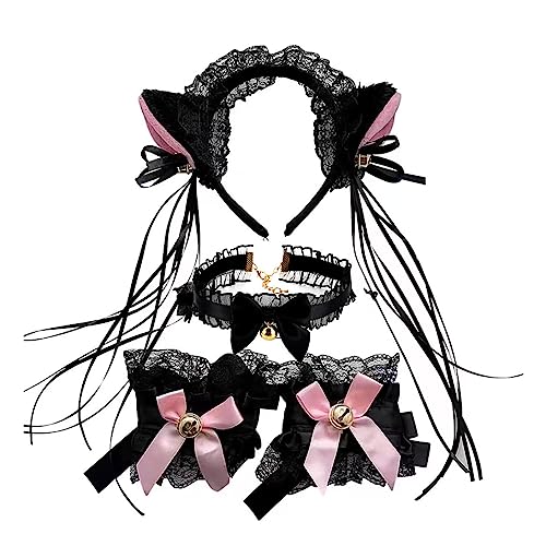 Guaber 1 Set Halloween-Cosplay-Ohr-Stirnband und Halsband, Spitzenmanschetten/Schwanz, schönes Zubehör für Erwachsene, niedliche Kostüme für Frauen, Anime, für Kindergeburtstag, Halloween, Haarband von Guaber