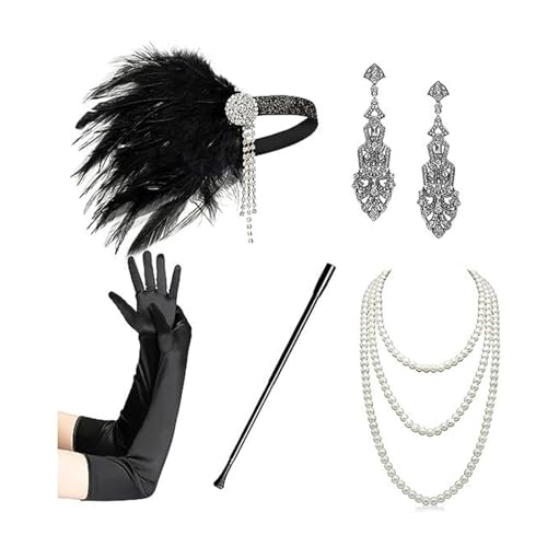 Guaber 20er Jahre Flapper Frauen Stirnband Halskette Ohrringe 1920er Vintage Cosplay Kostüm Zubehör Set Flapper Kleid Zubehör Dekorationen von Guaber
