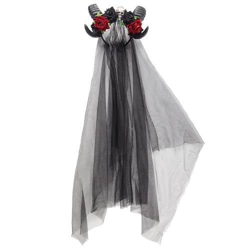 Guaber Handgefertigtes Horn-Stirnband für Mädchen, Hexe, Kopfbedeckung, Horn, dunkler Schleier, Kopfbedeckung, Maskeraden, Halloween, Hexenparty, Halloween, Rosen-Stirnband von Guaber