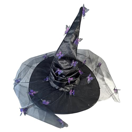 Guaber Hexenhut für Erwachsene, Teenager, Halloween-Partys, Hexe mit Schmetterlings-Applikation, praktisches Erwachsenen-Cosplay für Fotografie, Hüte für Frauen, Animes für Erwachsene, Halloween von Guaber