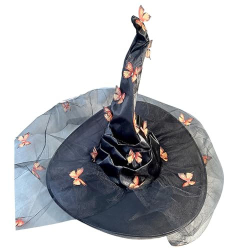 Guaber Hexenhut für Erwachsene, Teenager, Halloween-Partys, Hexe mit Schmetterlings-Applikation, praktisches Erwachsenen-Cosplay für Fotografie, Hüte für Frauen, Animes für Erwachsene, Halloween von Guaber