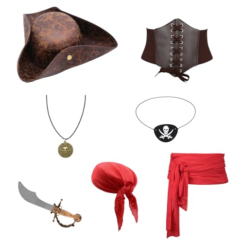 Guaber Karibanisches Piratenkostüm-Zubehör, 7-teiliges Set mit Hut und Kopftuch, praktisches Polyester, für Mottopartys, Party, Piraten-Outfit, Zubehör Guaber Karibanisches Piratenkostüm-Zubehör, 7-teiliges Set mit Hut und Kopftuch, praktisches Polyester, für Mottopartys, Party, Piraten-Outfit, Zubehör von Guaber