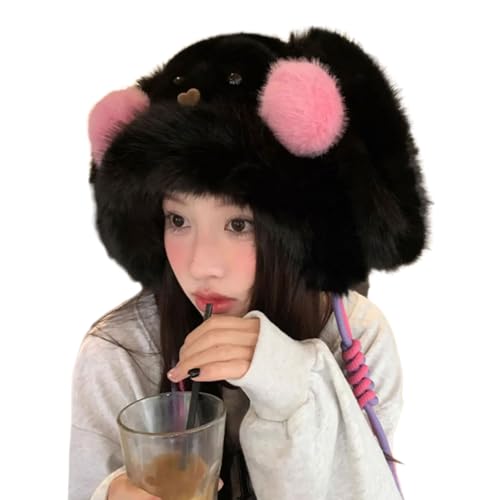 Guaber Pelziger Cartoon-Kopfbedeckung mit Rouge für Millennial-Cosplay, pelziger Hut mit Ohren, übergroße Kopfbedeckung für Winter-Cartoon von Guaber
