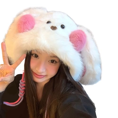 Guaber Pelziger Cartoon-Kopfbedeckung mit Rouge für Millennial-Cosplay, pelziger Hut mit Ohren, übergroße Kopfbedeckung für Winter-Cartoon von Guaber
