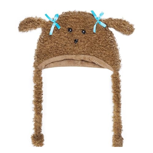 Guaber Pelziger Cartoon-Welpenhut mit Ohrenklappen für Halloween, Kopfbedeckung, langhaarige, übergroße Kopfbedeckung für den Winter, für Kinder und Frauen von Guaber