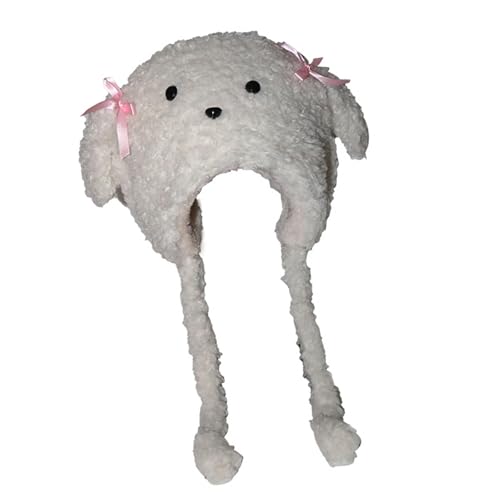 Guaber Pelziger Cartoon-Welpenhut mit Ohrenklappen für Halloween, Kopfbedeckung, langhaarige, übergroße Kopfbedeckung für den Winter, für Kinder und Frauen von Guaber