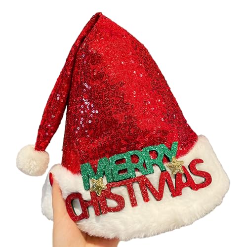 Guaber Weihnachtsmütze aus dickem Plüsch und weißer pelziger Krempe für Partys, Verkleidungen, Cosplay, Pailletten-Kostüme von Guaber