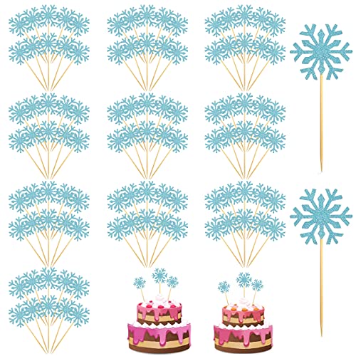 Guador 100 Stücke Schneeflocke Kuchen Topper,Tortendeko Cupcake Topper Glitzer Schneeflocke Kuchen Toppers für Kuchen Schloss Schneeflocke Kuchen Topper Happy Birthday Kuchcen Topper (Blau) von Guador