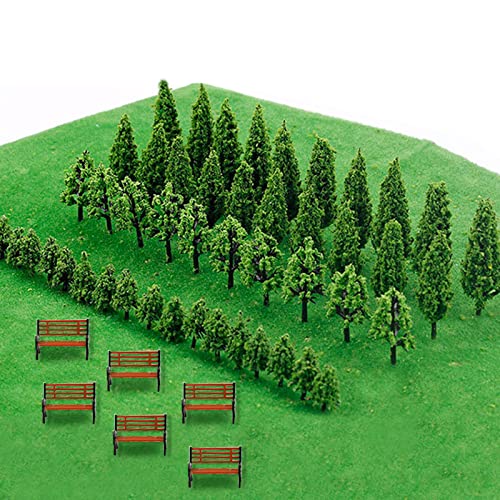 Guador 50 Stück Modell Bäume Miniatur mit 6 Stücke Bänke Freizeit Stuhl Bank Modelleisenbahn Eisenbahn 1:75,Mini Landschaft Landschaftsgestaltung Mixed Modell Natürliche Grün Baum DIY Miniatur Bank von Guador