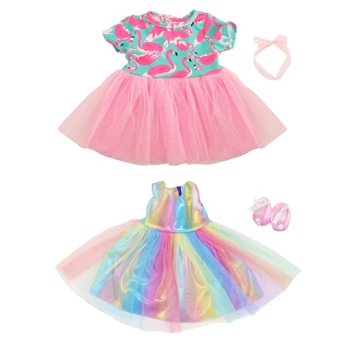 Puppenkleidung,Guador 43 cm Baby Puppenkleidung Zubehör Kleidung Kleidung 43 cm Puppen Regenbogen (Rosa Flamingo+Regenbogen Kleid Set,4-teilig) von Guador