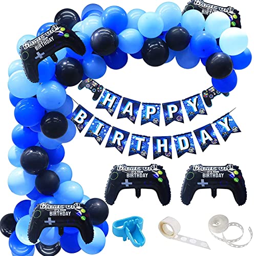 105-teiliges Videospiel-Party-Dekorationsset – Happy Birthday Game Banner und blau und schwarz gemischtes Spielballon-Set – mit 2 Aluminiumfolien-Spiel-Controller-Ballons, Videospiel-Partyzubehör von GuassLee