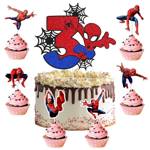25 Stück Spiderm Cake Topper,7-Jährige Spiderm Tortendeko, Spiderm Kuchen Deko,Spiderm Deko Torte,Doppelseitiger Glitter Kindergeburtstag Kuchen Deko für Mädchen Junge Baby von Gugatad
