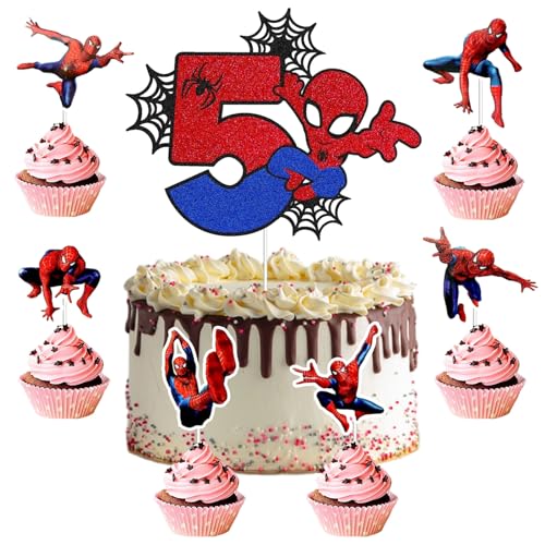 25 Stück Spiderm Cake Topper,7-Jährige Spiderm Tortendeko, Spiderm Kuchen Deko,Spiderm Deko Torte,Doppelseitiger Glitter Kindergeburtstag Kuchen Deko für Mädchen Junge Baby von Gugatad
