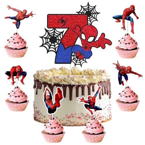 25 Stück Spiderm Cake Topper,7-Jährige Spiderm Tortendeko, Spiderm Kuchen Deko,Spiderm Deko Torte,Doppelseitiger Glitter Kindergeburtstag Kuchen Deko für Mädchen Junge Baby von Gugatad