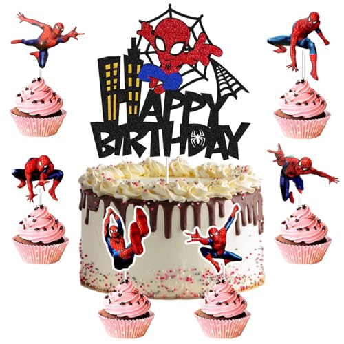 25 Stück Spiderm Cake Topper,7-Jährige Spiderm Tortendeko, Spiderm Kuchen Deko,Spiderm Deko Torte,Doppelseitiger Glitter Kindergeburtstag Kuchen Deko für Mädchen Junge Baby von Gugatad