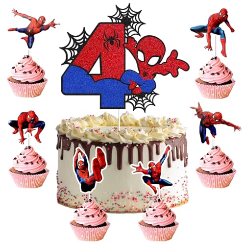 25 Stück Spiderm Cake Topper,7-Jährige Spiderm Tortendeko, Spiderm Kuchen Deko,Spiderm Deko Torte,Doppelseitiger Glitter Kindergeburtstag Kuchen Deko für Mädchen Junge Baby von Gugatad