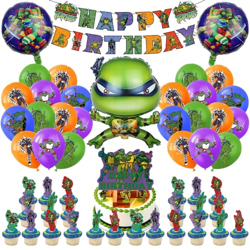 Ninj Turtl Geburtstag Deko,53 Stück Ninj Turtl Kinder Geburtstagdeko,Ninj Turtl Latexballon,Wimpel,Cupcake Toppers,Latexballons von Gugatad