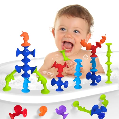 Saugspielzeug Baby, Niedlicher Einhorn Badespielzeug Baby ab 1 2 3 Jahr, Silikon Badewannen Spielzeug, Reise Spielzeug, Montessori Spielzeug, Sensorik Spielzeug für Jungen Mädchen (25pcs) von Guibola