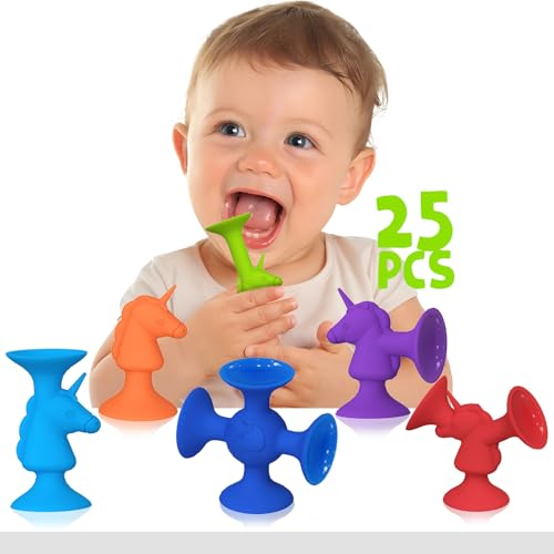 Saugspielzeug Baby, Niedlicher Einhorn Badespielzeug Baby ab 1 2 3 Jahr, Silikon Badewannen Spielzeug, Reise Spielzeug, Montessori Spielzeug, Sensorik Spielzeug für Jungen Mädchen (25pcs) von Guibola