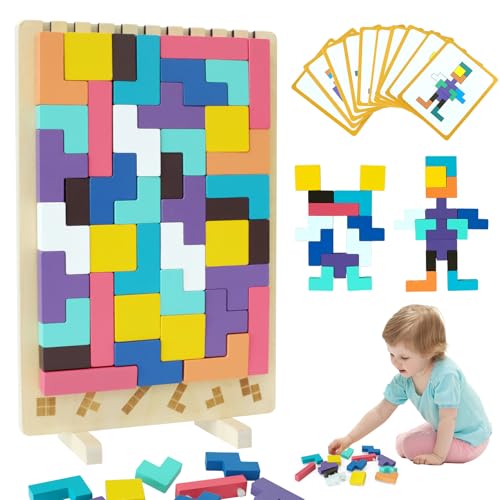 Tetris Holzspiel Kinder 3D Bunt Puzzle Tetris Spiel Holz Lernspielzeug mit 10 Karten Tetris Blöcke Stapelspiel mit Halterung Montessori Spielzeug ab 3 Jahre Geschenk für Jungen und Mädchen von Guibola
