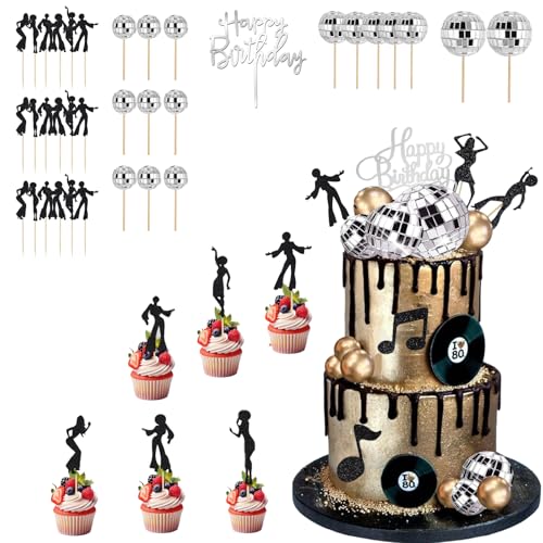 41 Stück Discokugeln+Disco Tortendeko Tanzende Menschen Cupcake Deko+Happy Birthday Tortendeko Mini Groß Discokugel Deko Spiegelkugel für Disco-Mottoparty Geburtstag Party Mitzvah Dekoration von Guidre