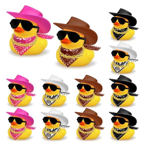 Guidre Cowboy-Gummiente,Cowboy-Ente,Cowboy-Gummi-Ente mit Cowboyhut Sonnenbrille Goldenen Ketten Halstuch und Coole Requisite,Cowboy-Ente Dekoration für Partygeschenke,Geburtstage,Baby-Duschzubehör von Guidre
