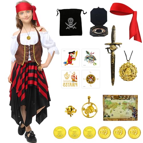 Guiffly Piratenkostüm Damen, Piratenkostüm Kinder mit Kostüm Hut Kompass Geldbeutel Ohrring, Pirat Kostüm für Karneval, Halloween und Piraten Party Kinder Mädchen(T) von Guiffly