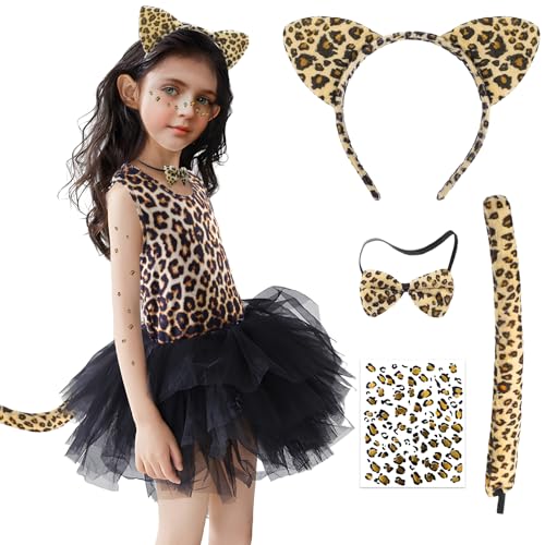 Kostüm Leopard Kinder, Leopard Kostüm Mädchen mit Leoparden Ohren Haarreif Schwanz Fliege Gesichts Kunst Aufkleber für Karneval Halloween Kostüm Party Dekoration(S) von Guiffly