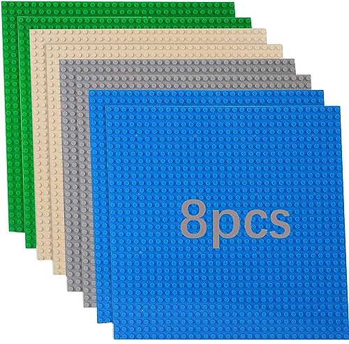 8 Platten-Set Bauplatte Kompatibel mit Meisten Marken,Classic Bausteine Grundplatte,Kompatibel mit Bauplatte Lego Classic,25.5 * 25.5cm, Grüne Blaue Graue Sand Grundplatte von Guihumz