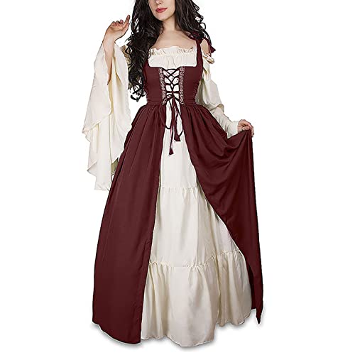 Guiran Damen Mittelalterliche Kleid mit Trompetenärmel Mittelalter Party Kostüm Maxikleid rot S von Guiran