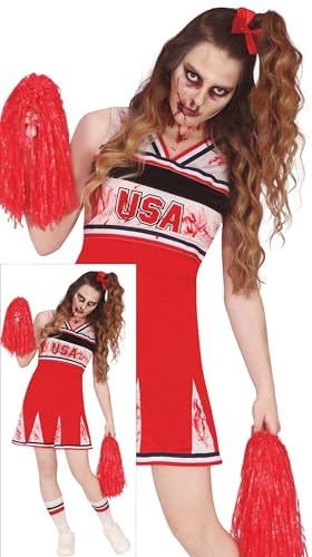 Fiestas GUiRCA Go USA Zombie Cheerleader Halloween Kostüm Damen – Blutige rot weiße High School Cheerleader Uniform – Halloween Kostüm Dame 42 – 44 (L) von Fiestas GUiRCA