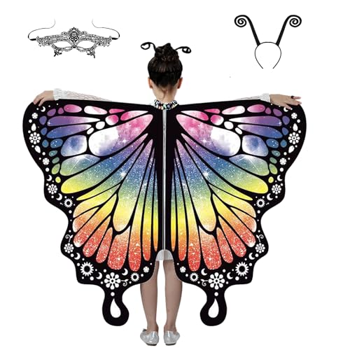 Guittly Schmetterling Flügel Kostüm für Kinder Halloween-Schmetterlings-Schal, Schmetterling Sling Umhang mit Schmetterlingstentakel Stirnbnder, kostüm Kinder Schmetterling für Mädchen, Party (Bunt) von Guittly