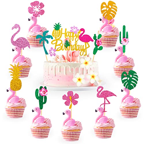 25 Stück Happy Birthday Cake Toppers, Hawaii Aloha Flamingo Tortendeko Geburtstag, Tropical Hawaii Deko Tortendeko Geburtstagskuchen Deko, für Sommer Baby Dusche Geburtstag Party Supplies von Gukasxi