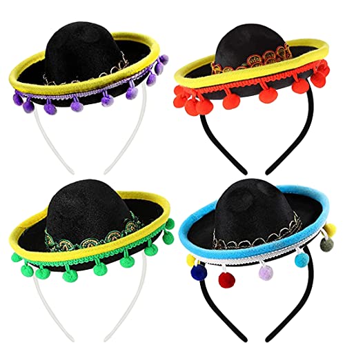 4 Stück Mini Mexikanische Sombrero Hüte, Cinco De Mayo Fiesta Fabric and Straw Sombrero Headbands, Mini Fun Fiesta Strohhut, für Fiesta Karneval Sommer Mexikanischen Thema Party Party Favors (Black) von Gukasxi