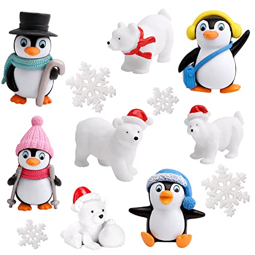 Gukasxi 12 Stück Süße Pinguin Eisbär Harz Miniatur Garten Figuren, Weihnachtsdeko Schneeflocken und Polar Tierfiguren Kuchen Topper, Micro Landschaft Dekoration von Gukasxi