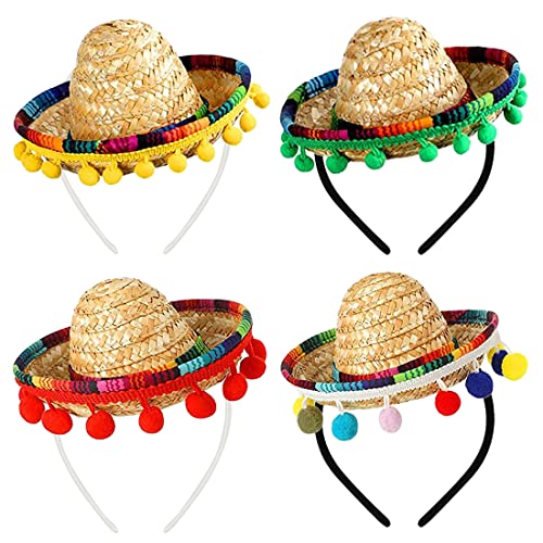 Gukasxi 4 Stück Mini Mexikanische Sombrero Hüte, Cinco De Mayo Fiesta Fabric and Straw Sombrero Headbands, Mini Fun Fiesta Strohhut, für Fiesta Karneval Sommer Mexikanischen Thema Party Party Favors von Gukasxi
