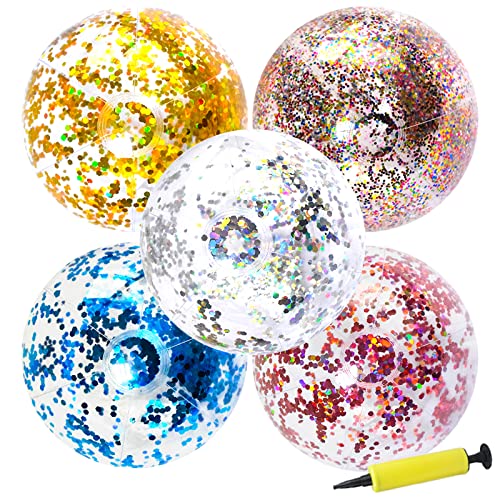 Gukasxi 5 Stück 40cm Wasserball Glitzer Aufblasbarer Ball Strandball Sommer Schwimmball Spielbälle Pailletten Glitzer Pool Ball Schwimmfähig Wasserspielzeug Für Kinder Erwachsene Transparente Kugeln von Gukasxi