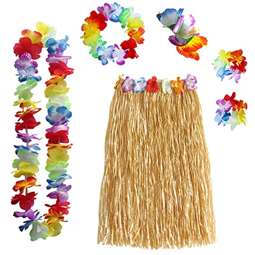 Gukasxi 6 Stück Gras Röcke Grasröcke Hawaii Kostüm Set mit Hula Rock, Blume Stirnband, Blumen Armband, Halskette Girlande für Frauen Sommer Strand Tropische Party Dekoration von Gukasxi