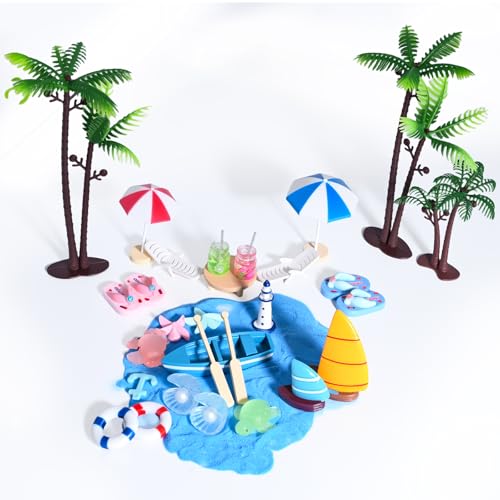 Gullskies 31 Stück Strand-Mikrolandschaft,Mini Liegestuhl, Sonnenschirm, Kleine Palme, Schildkröte und Muscheln Deko,Strand Deko Miniatur Set für DIY Zen Garten Dekoration&Puppenhaus Geschenk. von GullSkies