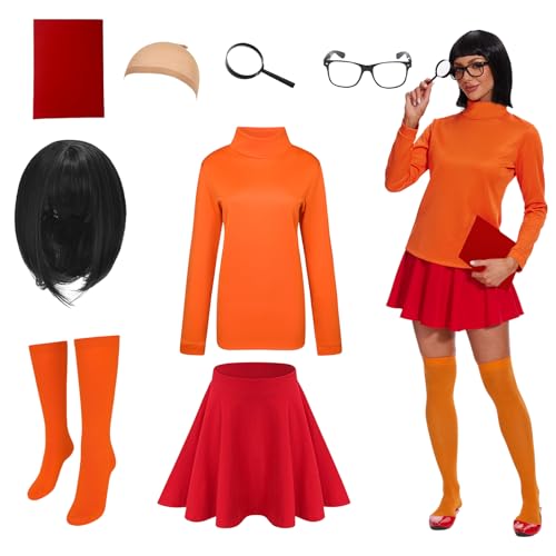 Gumyawl Halloween-Kostüm für Damen, klassische Film-Kostüme mit orangefarbenem Rollkragen-Top, Bob-Perücke, 8-teiliges Cosplay-Set für Erwachsene, Größe L von Gumyawl