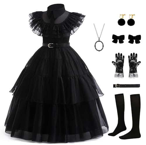Gunaniti Schwarzes Kostüm für Mädchen, Geburtstagsparty, Halloween, Cosplay, Outfit mit Zubehör, 3–12 Jahre (9–10 Jahre, Schwarz) von Gunaniti